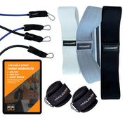 A set of A90 Leg Day Set ankle straps and resistance bands with accompanying workout guide, featuring items for leg, abs, and wrist exercises, displayed on a white background.