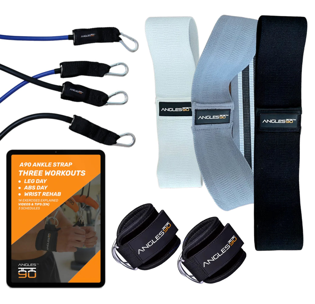 A set of A90 Leg Day Set ankle straps and resistance bands with accompanying workout guide, featuring items for leg, abs, and wrist exercises, displayed on a white background.