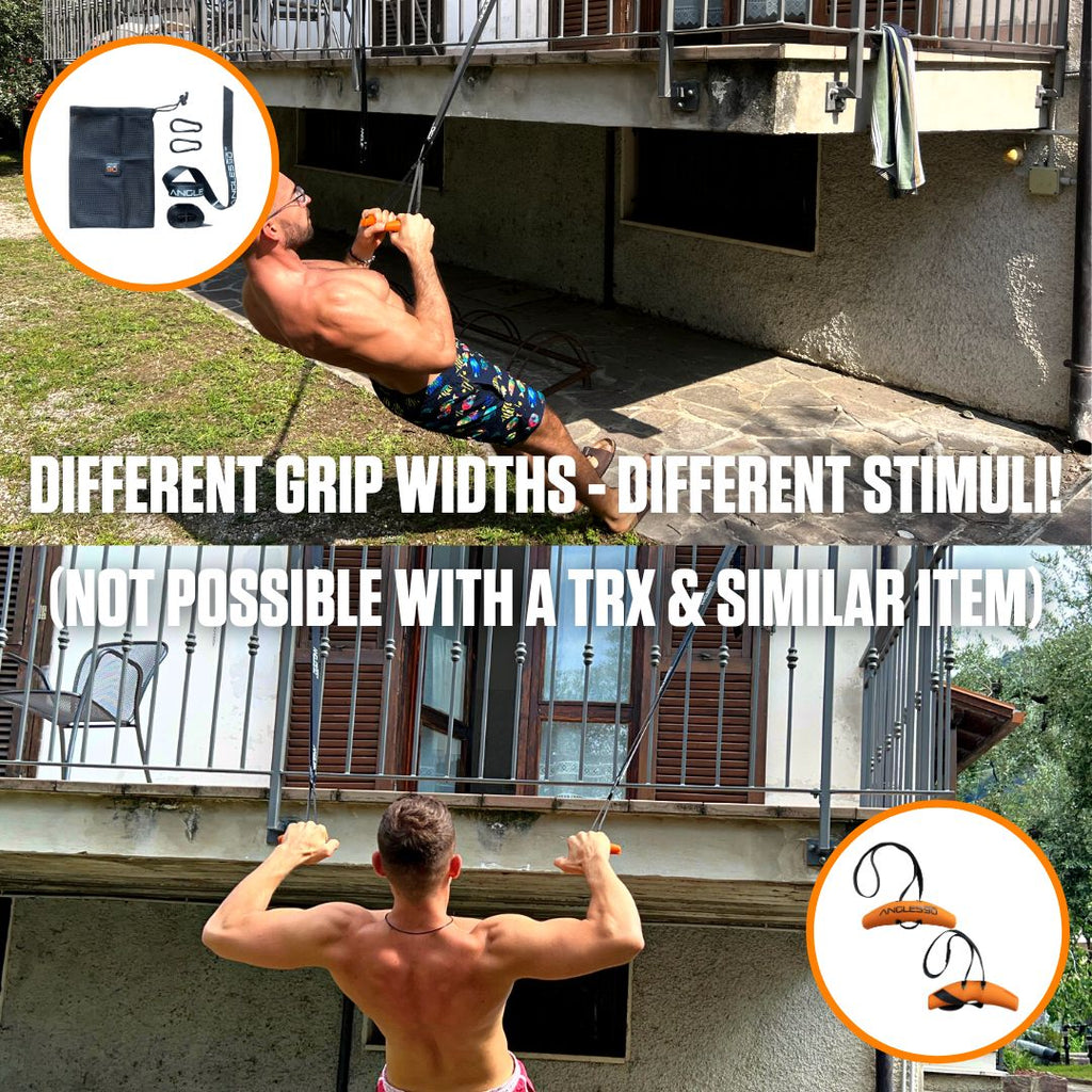 Exploring varied workout intensities with different grip widths using outdoor pull-up equipment—diversity in training that's not achievable with A90 Sling Trainers and similar devices.