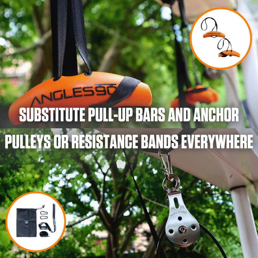 Portable fitness equipment featuring A90 Sling Trainer, substitute pull-up bars, and anchor pulleys or resistance bands for workouts anywhere.
