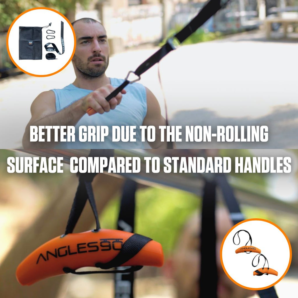 A focused athlete performs suspension training with the A90 Sling Trainer, which features ergonomic handles and carabiners that offer enhanced grip due to their non-rolling surface, compared to traditional equipment.
