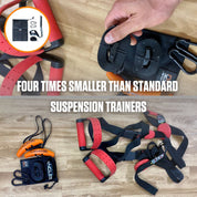 Compact and portable A90 Sling Trainer, featuring carabiners for secure attachment, displayed on a wooden floor, emphasizing its space-saving design compared to traditional models.