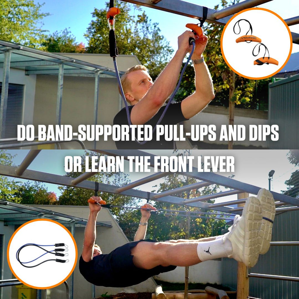 A fitness enthusiast demonstrates the versatility of A90 Resistance Bands made from durable rubber material in calisthenics by performing both band-assisted pull-ups and front lever exercises outdoors.