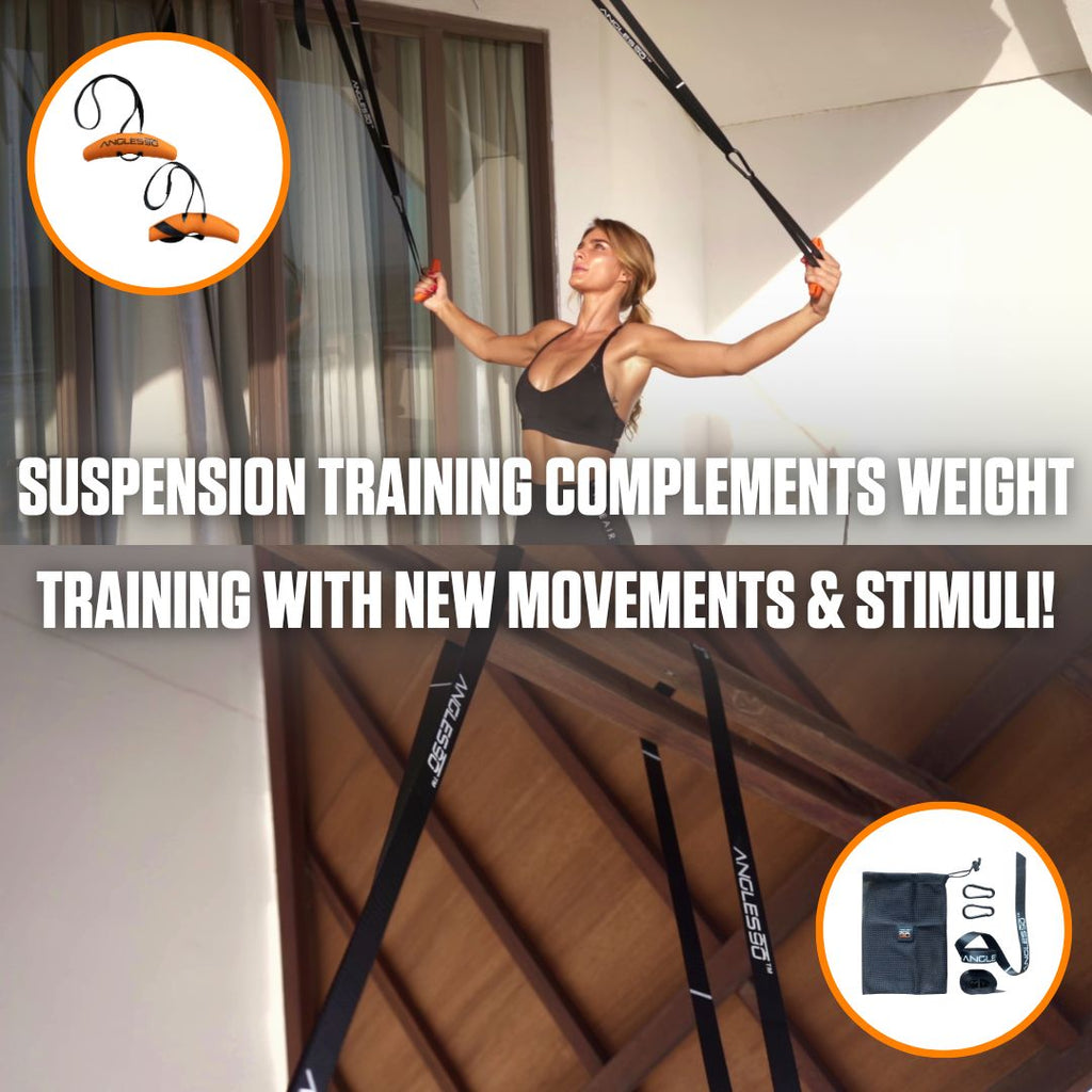 A fitness enthusiast engages in suspension training at home with the A90 Athlete Set, showcasing the versatility of bodyweight exercises for enhancing physical strength and flexibility.