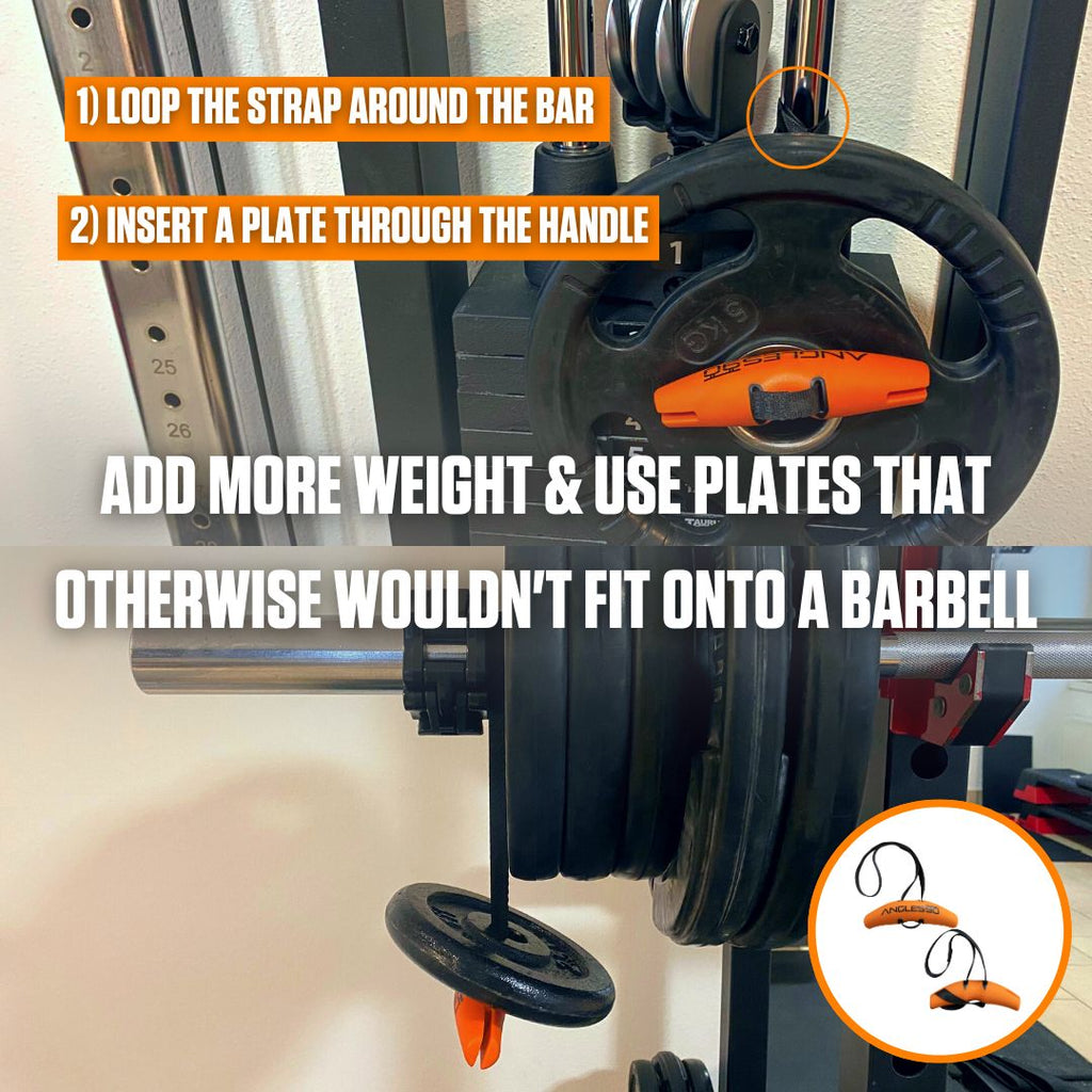 A gym hack shown in the image illustrating how to loop a strap around a bar and insert a weight plate through the handle, using Angles90 Grips, to add more weight. This is specifically Angles90 Grips.