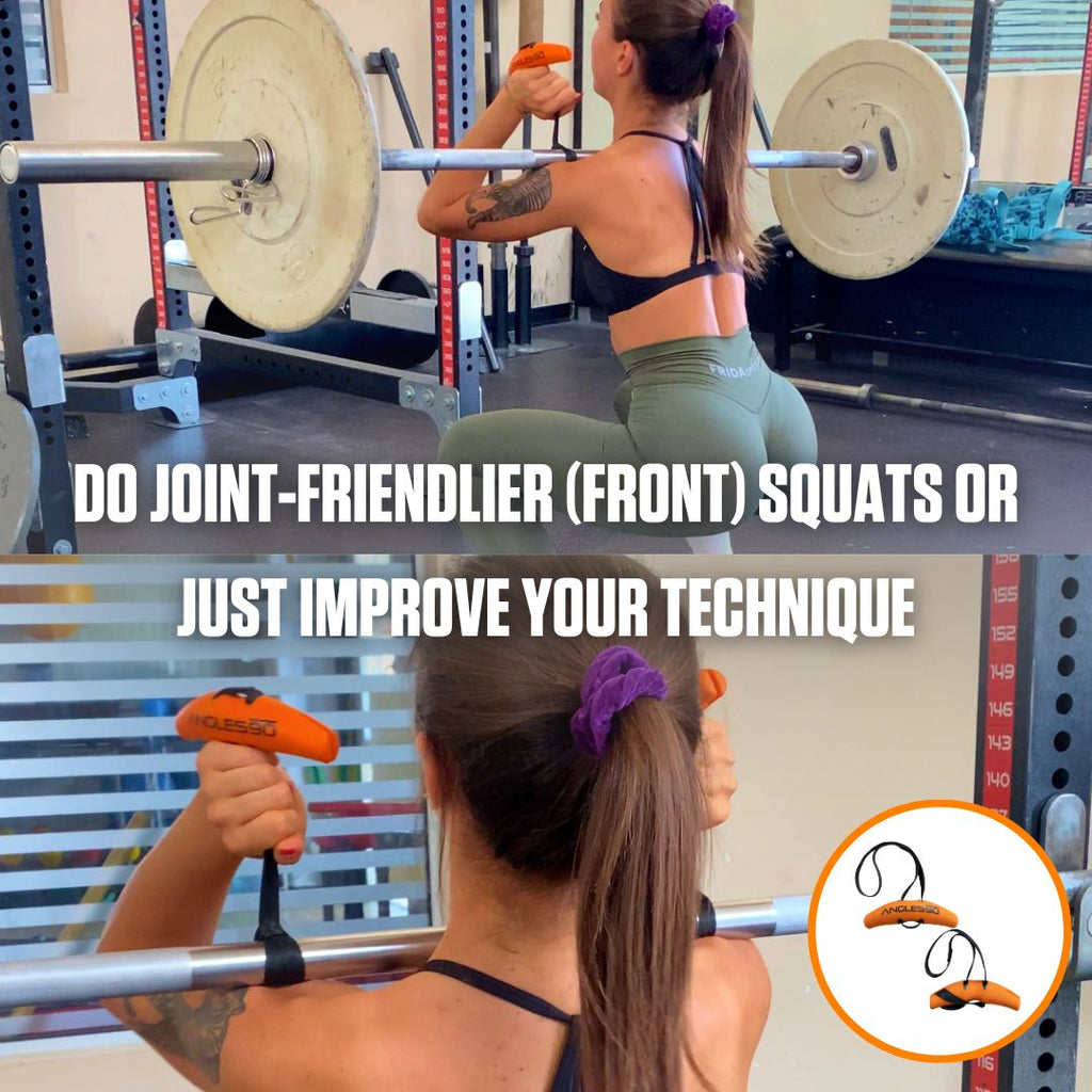 A fit woman performing front squats in a gym with advice on the image suggesting to "do joint-friendlier (front) squats or just improve your technique," hinting at the importance of A90 Buddy Set.