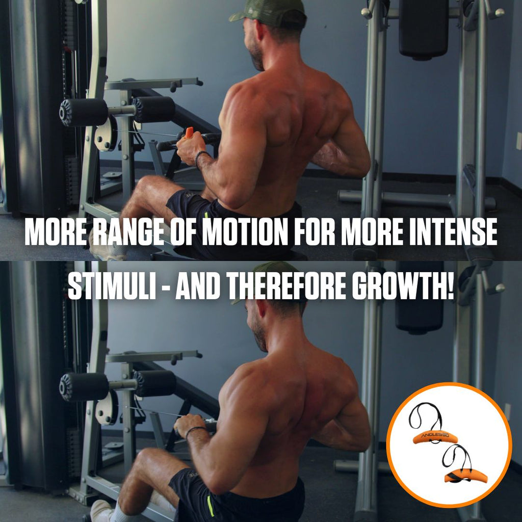 A muscular individual performing a seated cable row exercise at the gym with A90 Buddy Set, highlighting the importance of full range of motion for increased intensity and muscle growth.