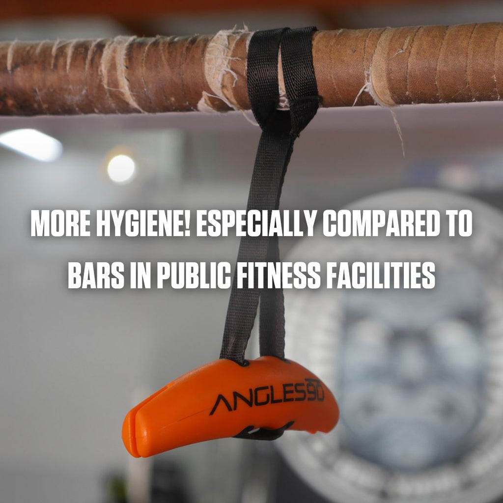 Personal workout equipment, including A90 Buddy Set, hanging on a bar, highlighting a cleaner alternative to shared gym equipment.