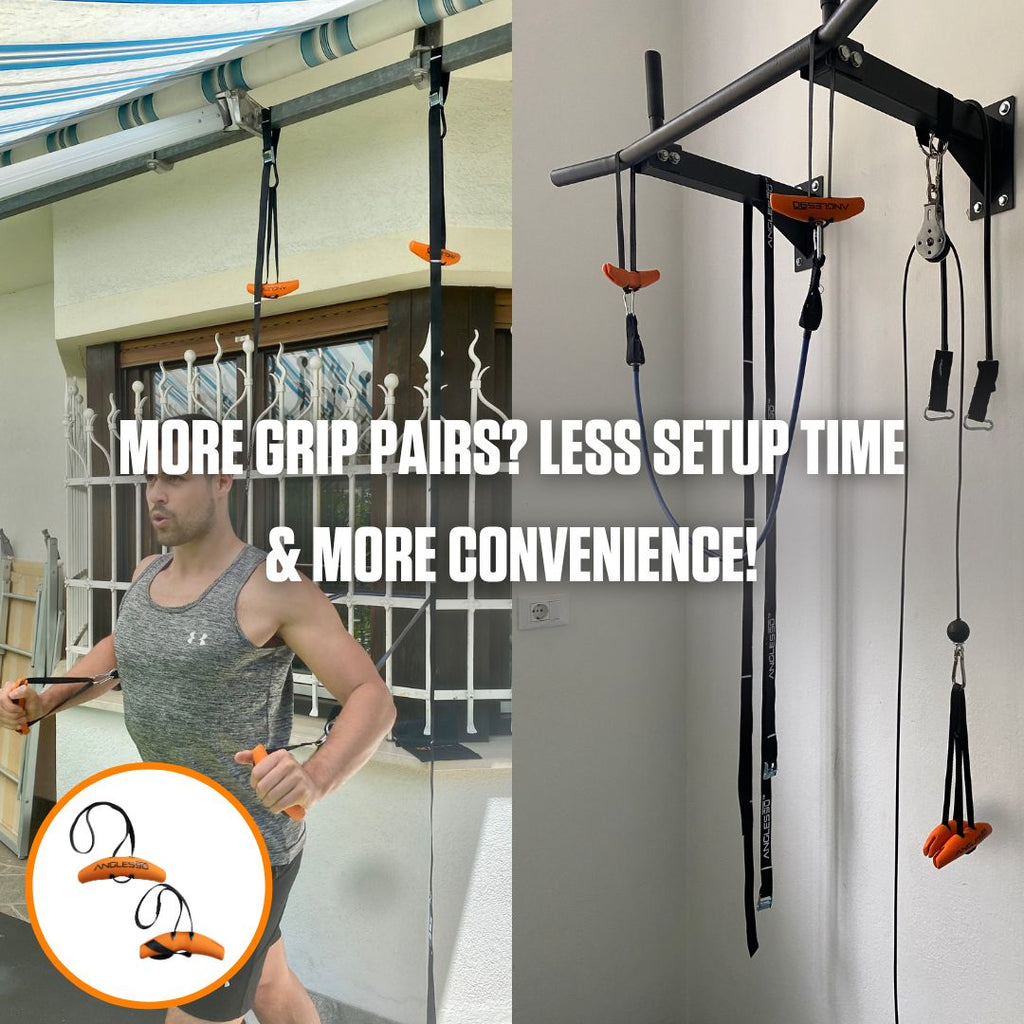A man demonstrates the use of a home gym suspension system with A90 Buddy Set for a variety of workouts, emphasizing increased convenience and reduced setup time.