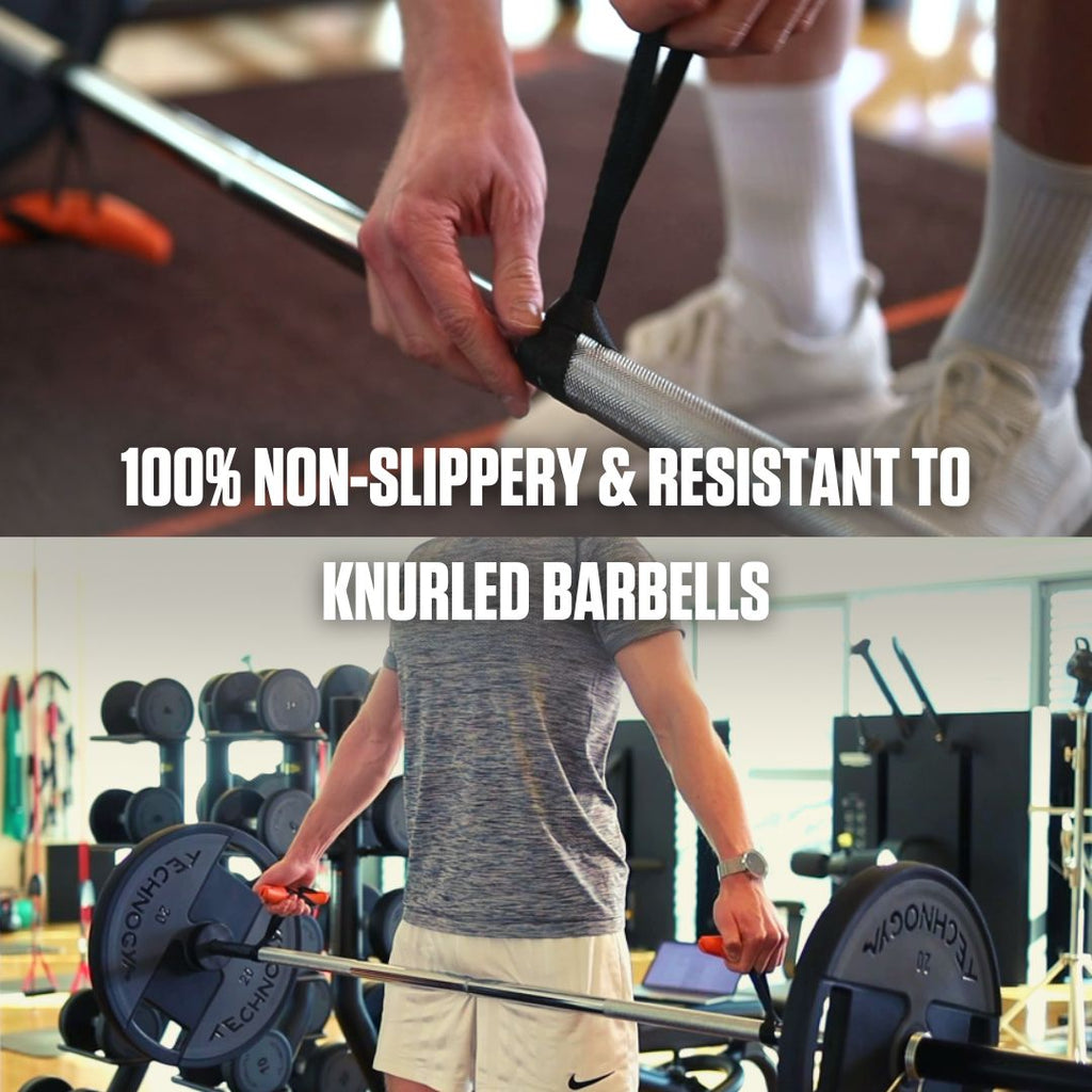 A person gripping a knurled barbell with the help of A90 Athlete Set, highlighting the product's non-slip feature and resistance to slipping on textured barbell surfaces in their home gym.