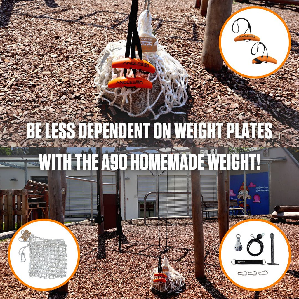 Get creative with your workouts using the A90 Cable Pulley Set and homemade weight – a unique exercise solution for those looking to mix up their fitness routine outdoors!