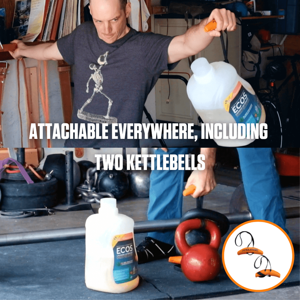 A man innovatively uses household items to add resistance to his workout, demonstrating the versatile use of the A90 Athlete Set with kettlebells and a detergent jug in his home gym.