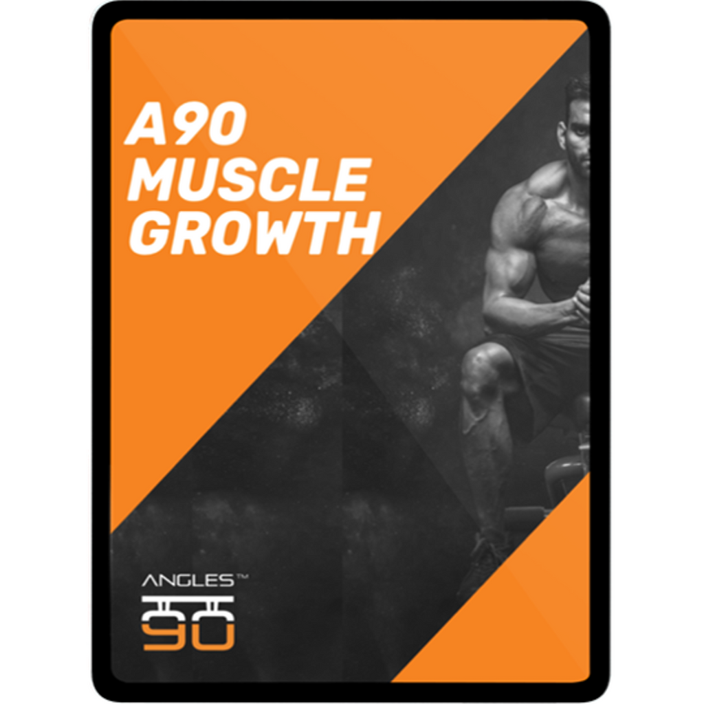 A muscular individual working out with a focus on muscle growth, featured on a promotional graphic with dynamic orange and black design elements, highlighting the "A90 Muscle Growth (eBook, Video Course, Workout Plans)" workout programs.