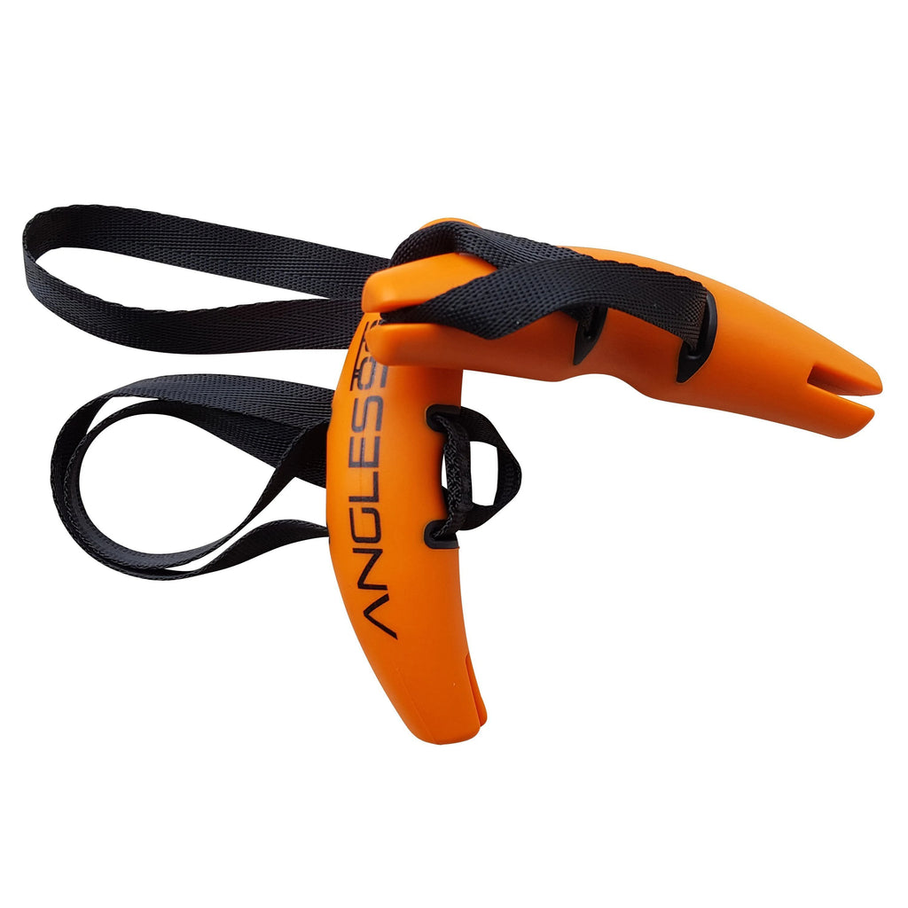 Bright orange A90 Buddy Set finger safety tool with black straps isolated on a white background, designed for improved grip/pull power and reduced joint stress.