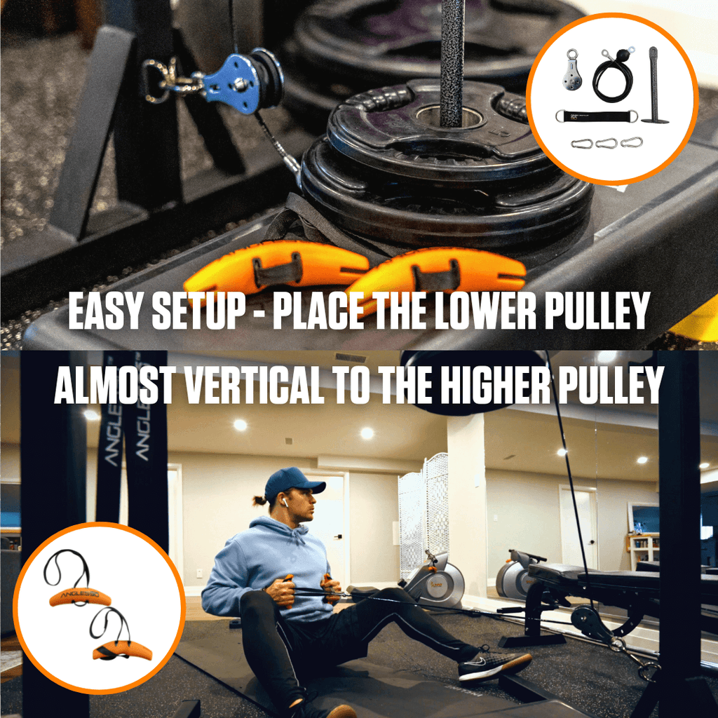 A person performing seated cable rows in a gym with the caption "easy setup - place the lower pulley almost vertical to the higher pulley" indicating how to properly position the A90 Cable Pulley Set
