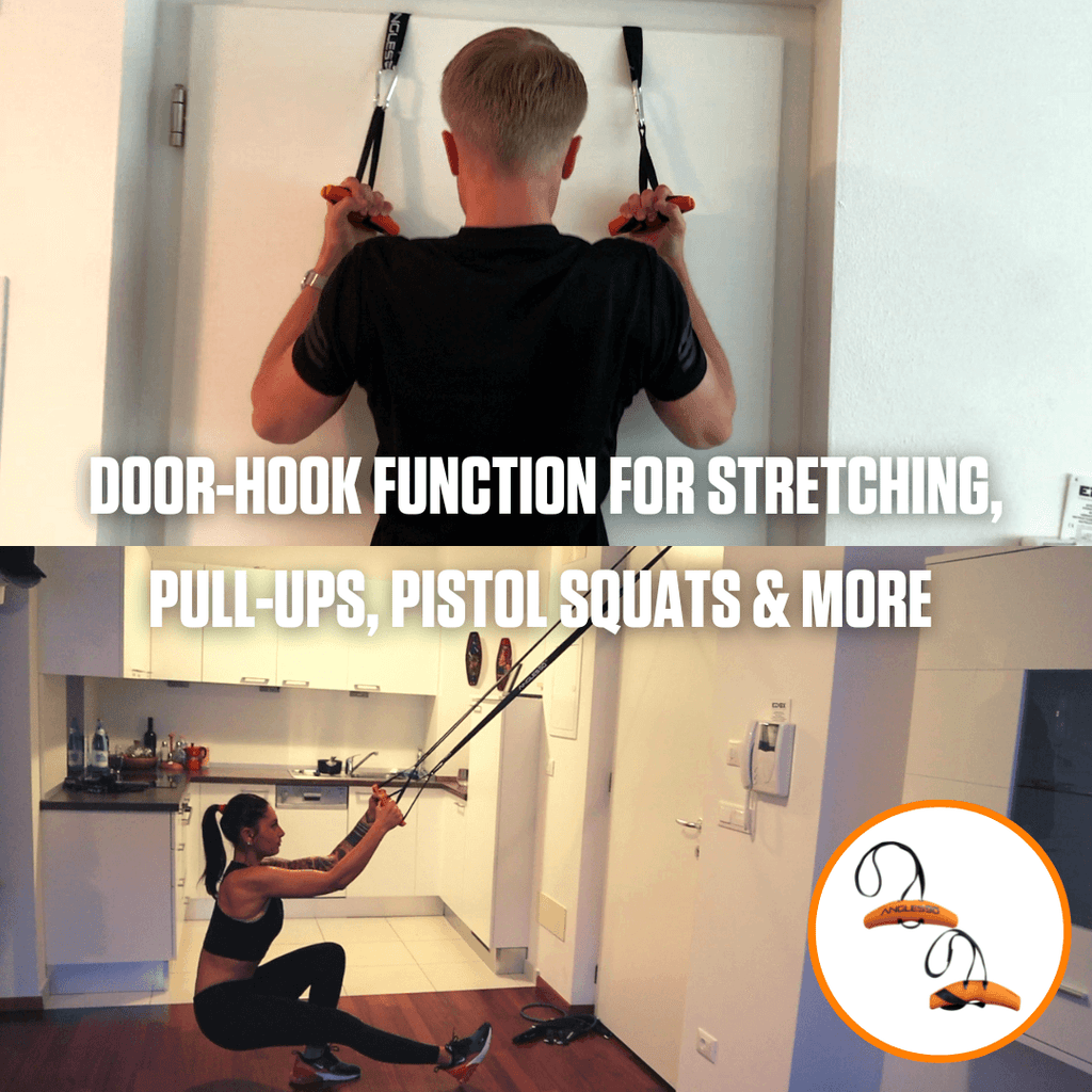 Versatile home workout setup featuring door-hook resistance band and A90 Sling Trainer system for various exercises like stretching, pull-ups, and pistol squats.