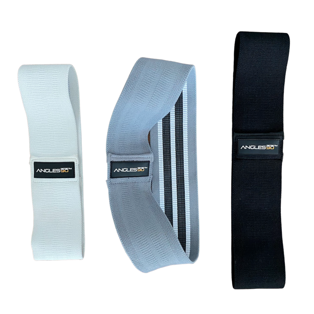 Three A90 Hip Bands of varying resistance levels displayed against a black background, ideal for hip movement workout exercises.