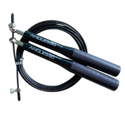 A A90 Jump Rope with metal handles and an adjustable steel cable, isolated on a black background.
