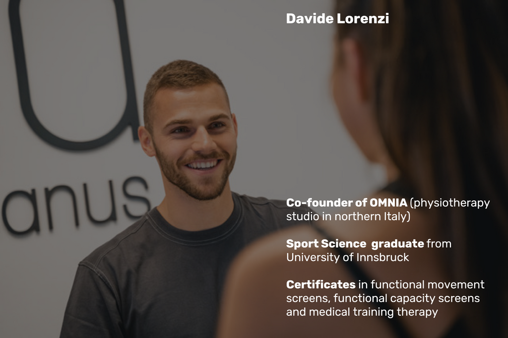 A portrait of a smiling professional man with textual information detailing his name as Davide Lorenzi, co-founder of Omnia, a physiotherapy studio, his educational background from the University of Inns and details about the A90 Prehab: Self-Screening & Corrective Exercises (Video Course).