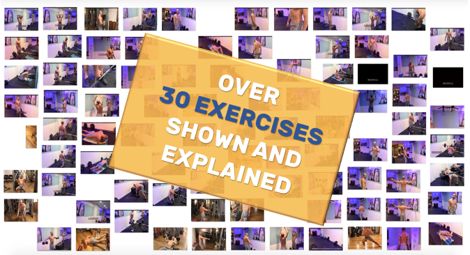 A montage of various whole workout examples with a central text overlay that reads "over 30 exercises shown and explained in how-to videos" using the A90 Injury Prevention (eBook & Video Material).