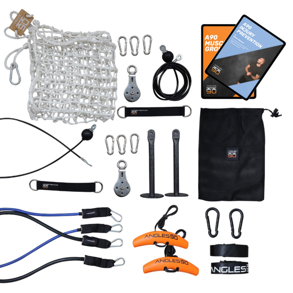 A collection of fitness equipment and accessories, including A90 Home Gym Set, a jump rope, a mesh carrying bag, Angles90 Grips, and various types of hooks and attachments for a versatile workout