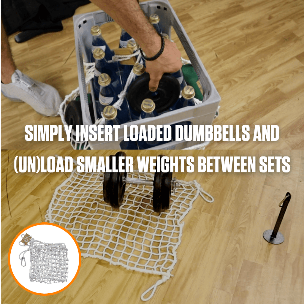 Sentence with product name: A person changing weights on a A90 Homemade Weight, with text suggesting an innovative method to quickly load and unload the barbell using a net system with enhanced loading capacity for efficiency between sets.