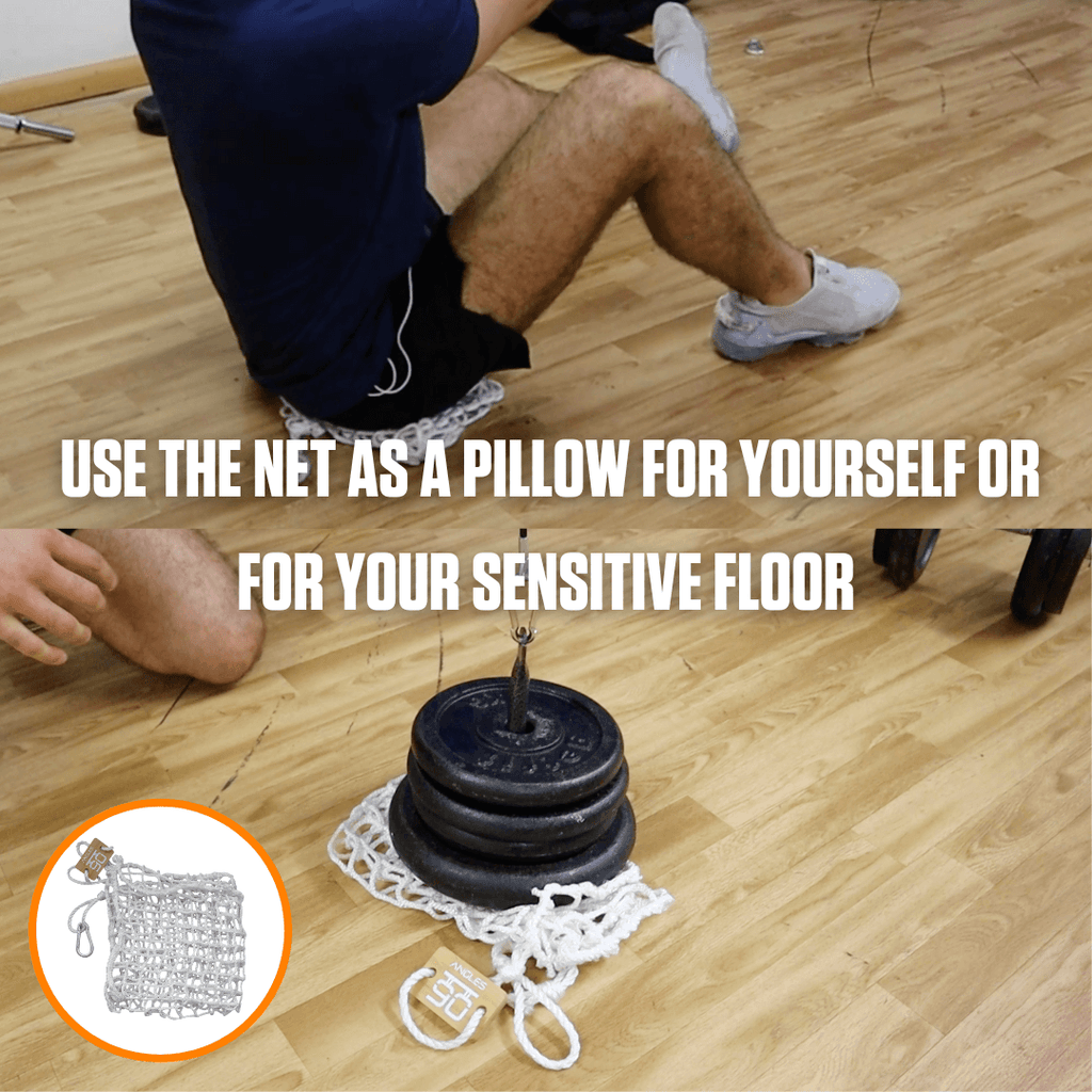 A person sitting on the floor leaning against a makeshift pillow made from a sports net, A90 Cable Pulley Set, and homemade weights, with a humorous suggestion to use the setup as a pillow for comfort.