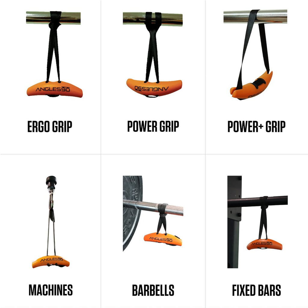 Different types of gym grips, showcasing ergo grip, power grip, power+ grip, and A90 Buddy Set Grips, specifically designed for use with machines, barbells, and fixed bars.