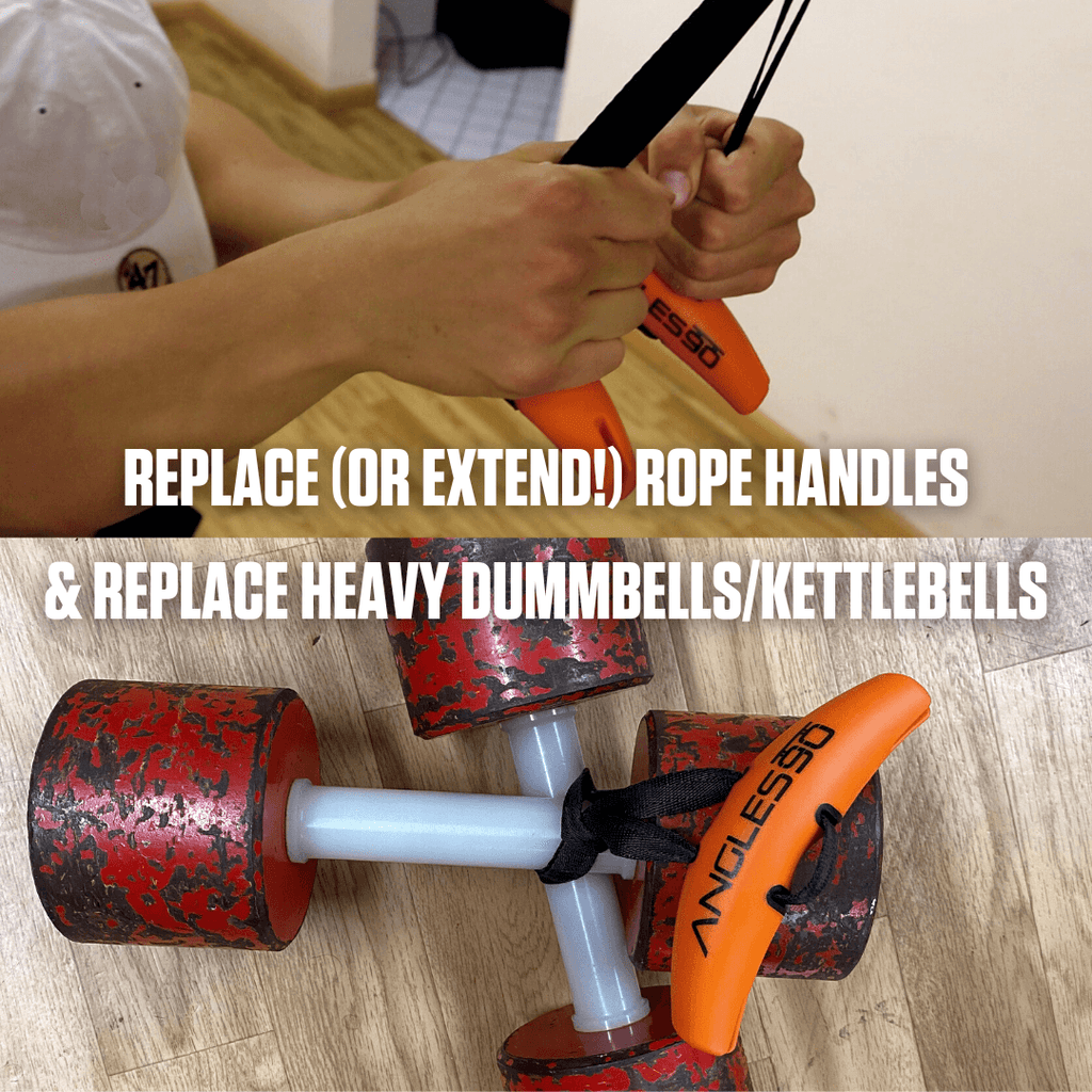 A person modifying workout equipment by replacing or extending the rope handles of a fitness tool with Limited Edition Angles90 Wood Grips and using an adjustable weight to replace traditional heavy dumbbells or kettlebells.