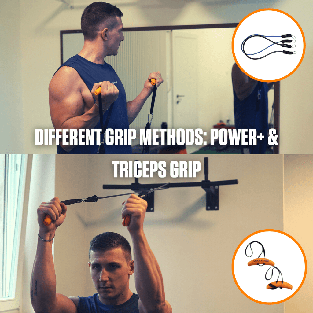 Exploring online workout variations: demonstrating power+ and triceps grip techniques with A90 Resistance Bands for enhanced training.