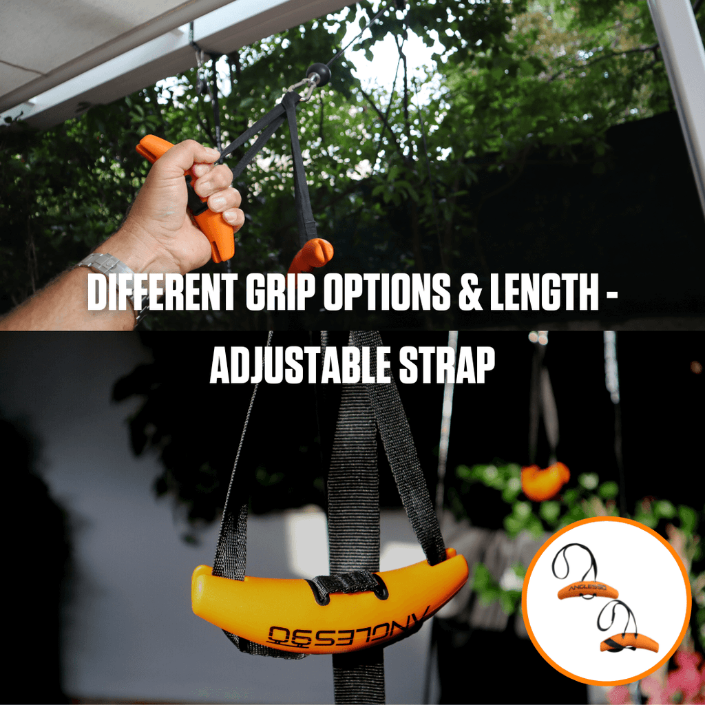 A hand adjusting a suspension trainer strap hanging outdoors, highlighting its customizable grip options and length adjustability for a versatile workout experience with the added luxury of Angles90 Wood (Limited Edition) Grips.