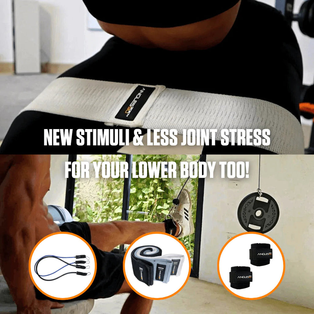 A fitness-focused advertisement featuring a close-up of an athletic person's upper leg utilizing A90 Home Gym Set, with highlighted accessories and the promise of new stimuli and reduced joint stress for lower body workouts.